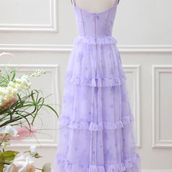 Berylove Lavender A Line Corset Spaghetti Straps Floral Tiered Maxi Dress - Picture 3 of 5